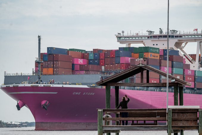 Pink container ship docks at JAXPORT