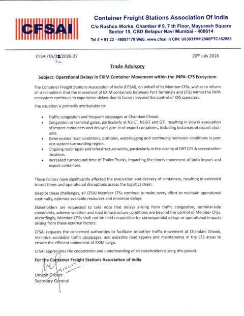 CFSAI attributes JNPA–CFS Operational Delays to Traffic Congestion and Infrastructure Constraints 1 CFSAI attributes JNPA–CFS Operational Delays to Traffic Congestion and Infrastructure Constraints CFSAI 1 CFSAI attributes JNPA–CFS Operational Delays to Traffic Congestion and Infrastructure Constraints