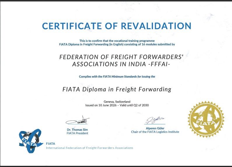 FFFAI FIATA Diploma Course Certificate FFFAI’s FIATA Diploma Course Revalidated for 2026–2030